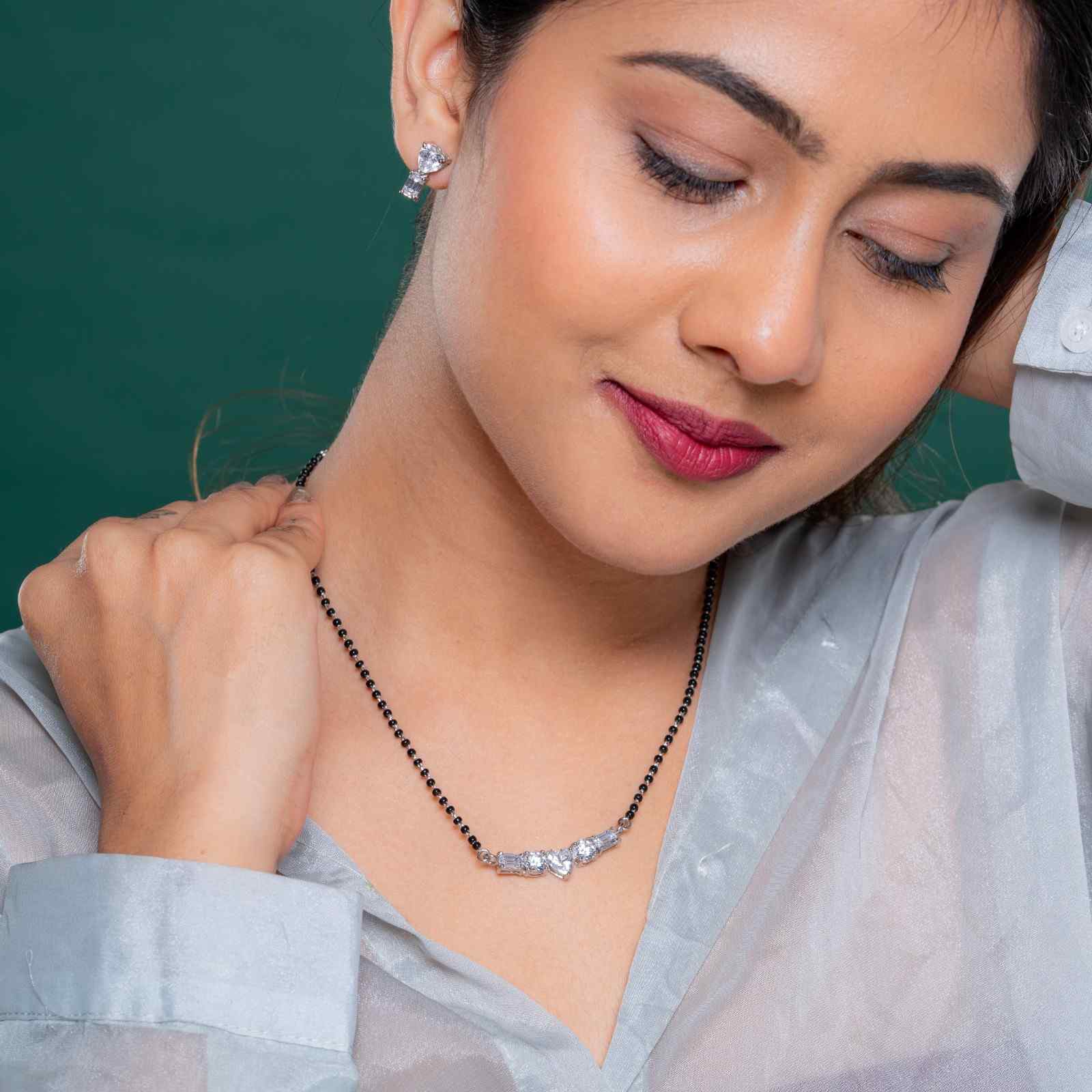 925 Sterling Silver Heart & Baguette Mangalsutra with Matching Earrings