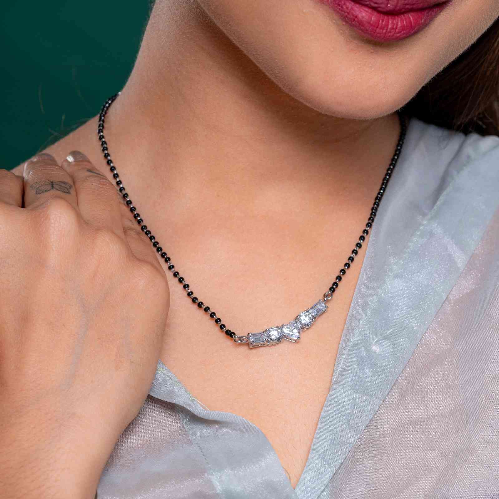 925 Sterling Silver Heart & Baguette Mangalsutra with Matching Earrings