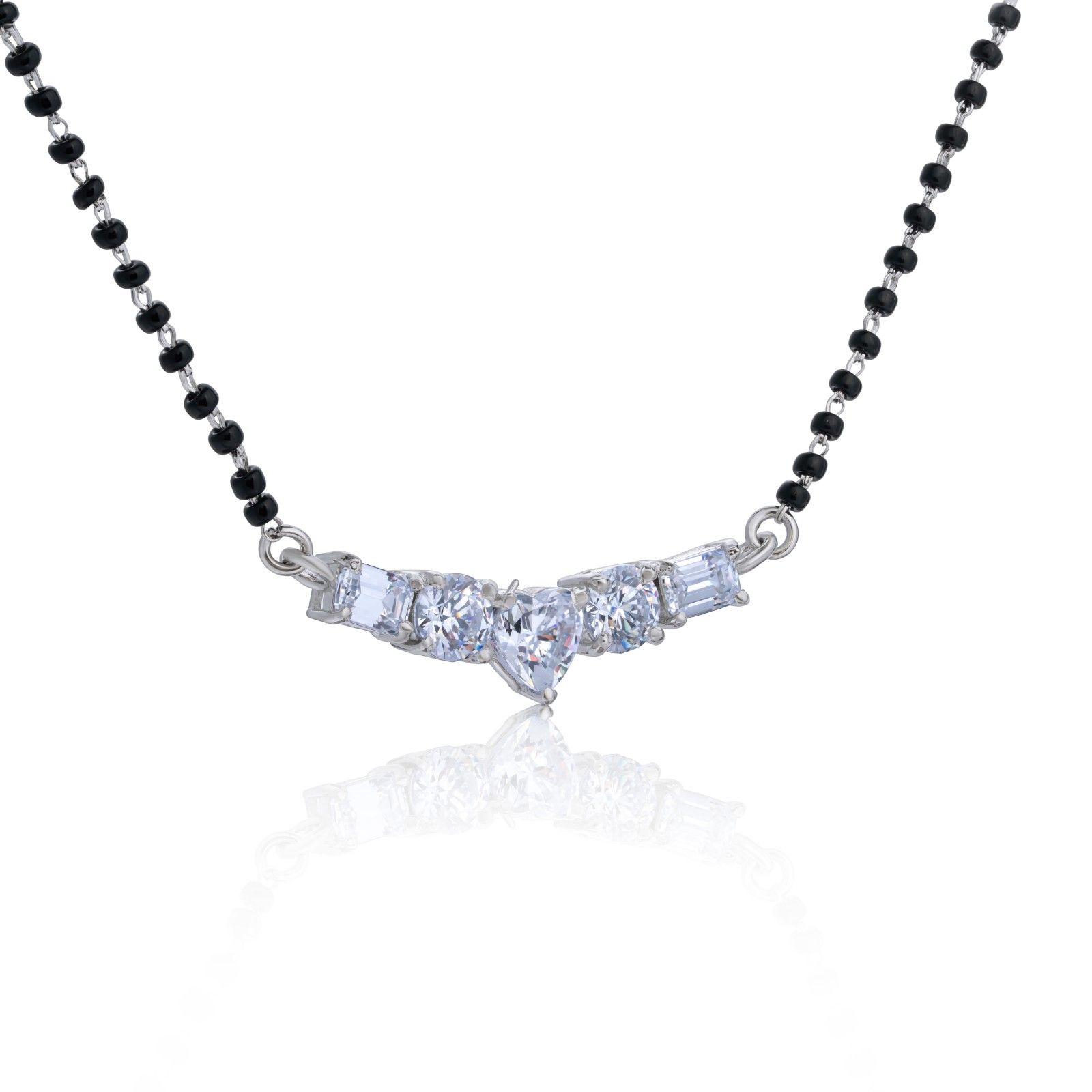 925 Sterling Silver Heart & Baguette Mangalsutra with Matching Earrings