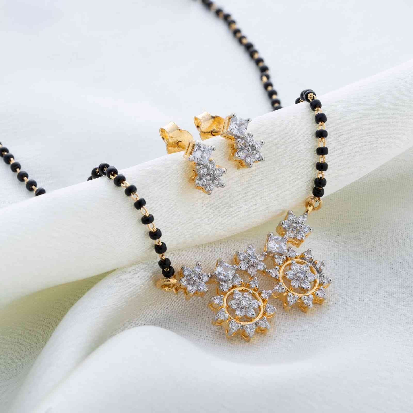 925 Sterling Silver Gold-Plated Floral Mangalsutra Set with CZ Stones