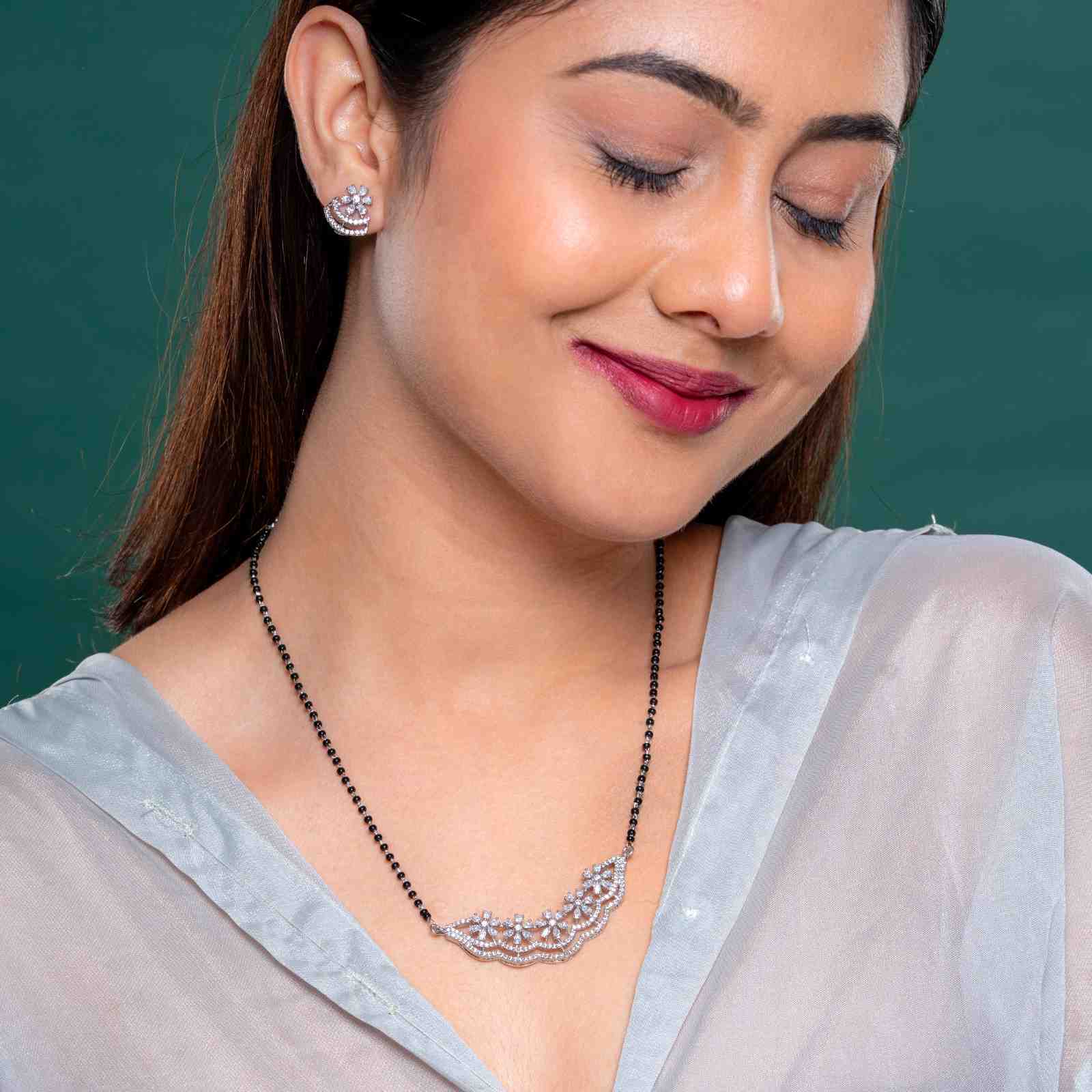 925 Sterling Silver Floral Lace Mangalsutra with Matching Earrings